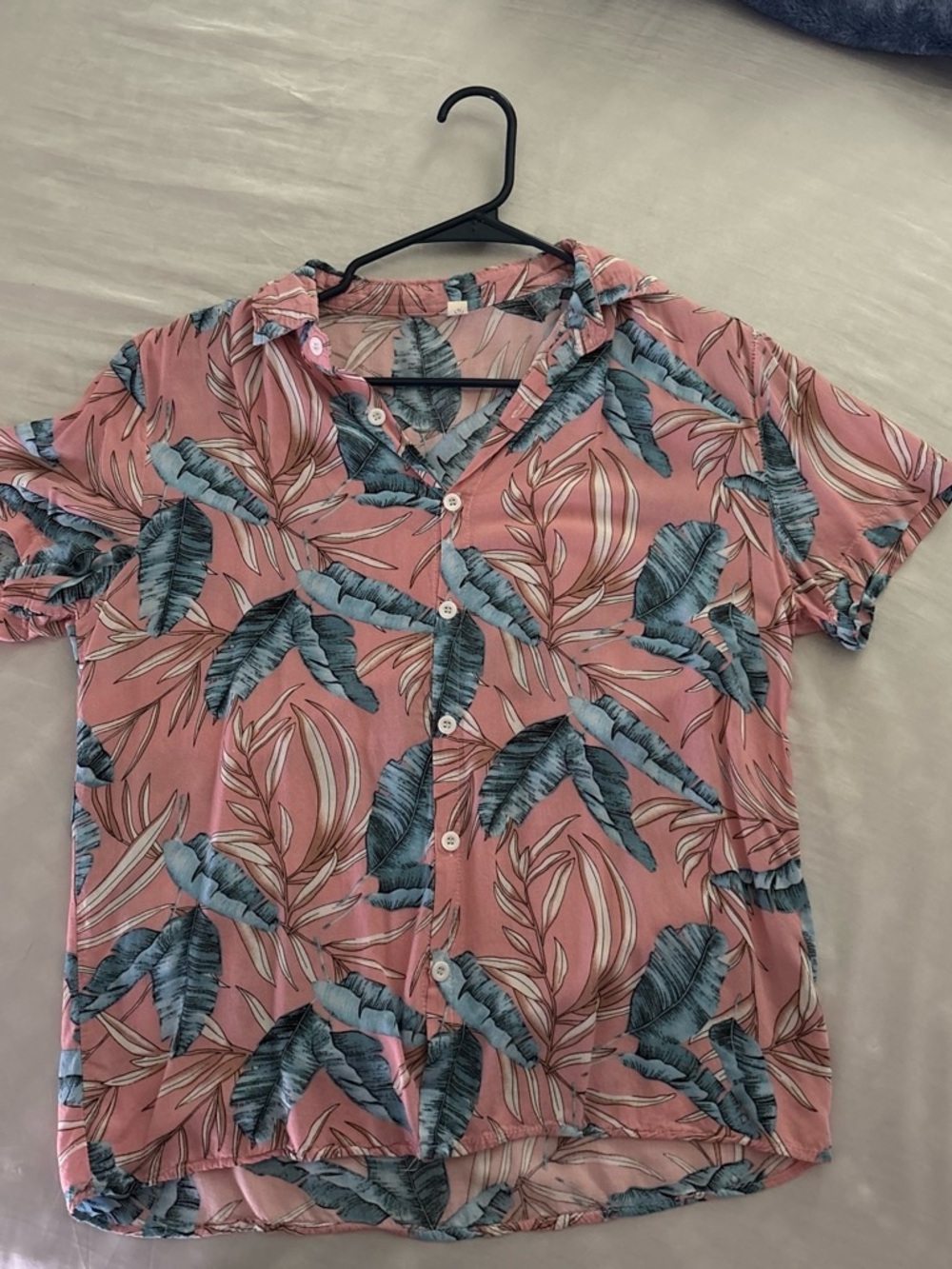 Amazon Pink Short-Sleeve Button-Down Shirt with Blue Leaf Print